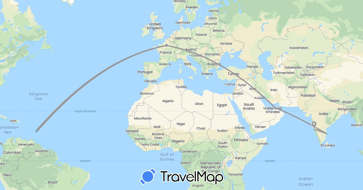 TravelMap itinerary: driving, plane, boat in United Arab Emirates, France, India, Saint Lucia, Martinique (Asia, Europe, North America)