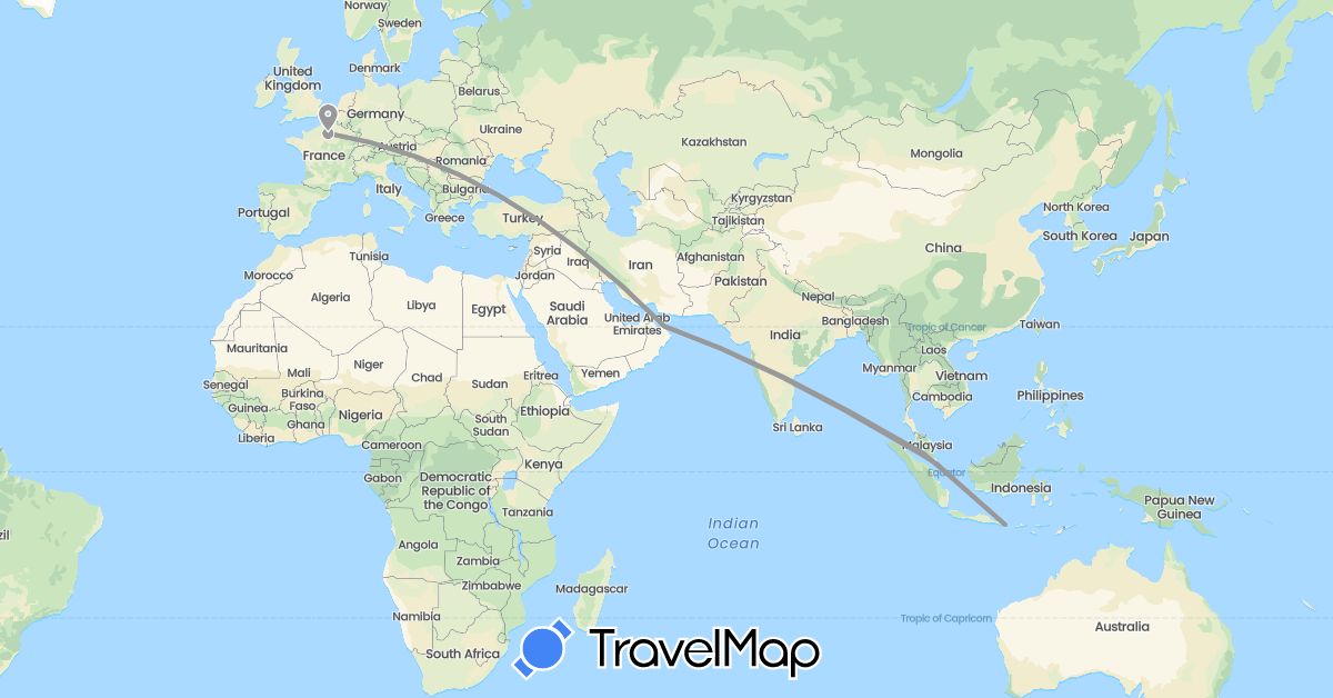 TravelMap itinerary: plane in France, Indonesia, Malaysia, Oman (Asia, Europe)